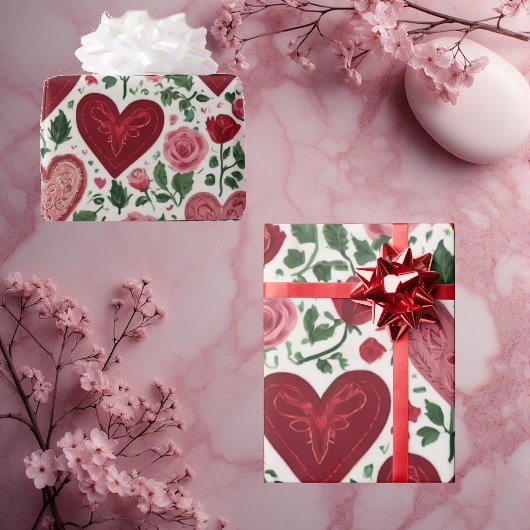 Romantic Hearts Meets Botanical Elegance Rustic  Geschenkpapier