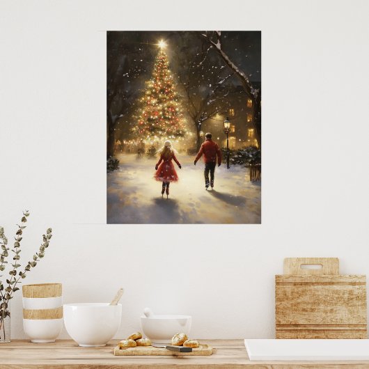 Romantic Ice Skating Couple Christmas Wall Art Poster (Küche)