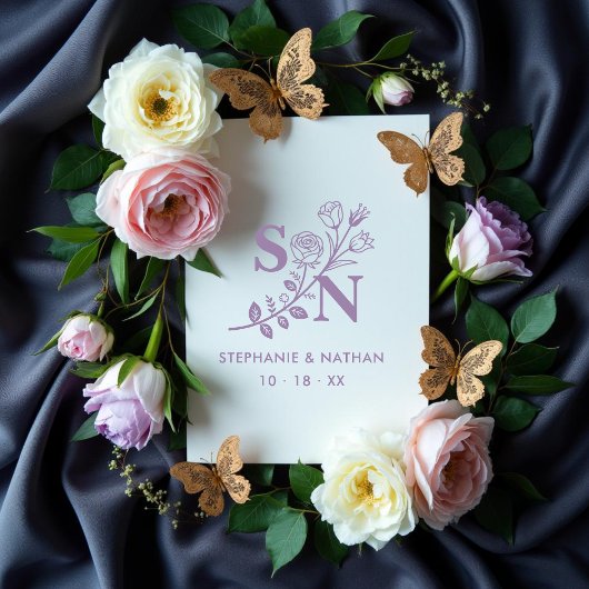 Romantic Initials Wildflowers Branches Wedding Gummistempel