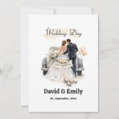 Romantic "Just Married" Couple & Vintage Car  Einladung (Vorderseite)