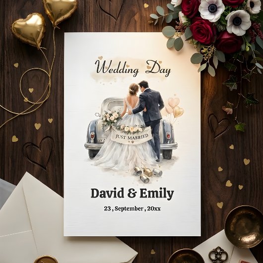 Romantic "Just Married" Couple & Vintage Car  Einladung