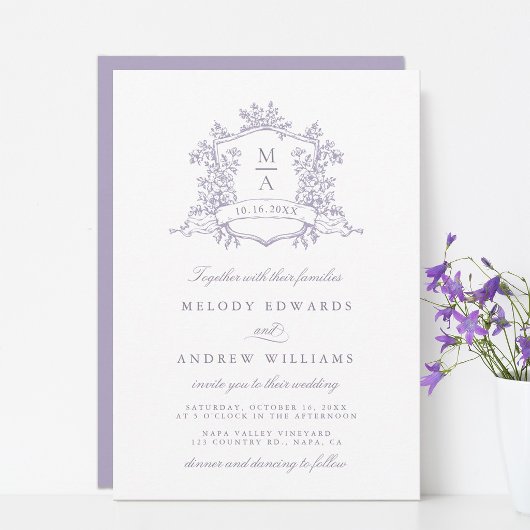 Romantic Lavender Floral Crest Wedding Einladung