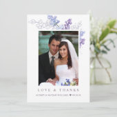 Romantic Lavender Floral Foto Hochzeit Vielen Dank Dankeskarte (Stehend Vorderseite)