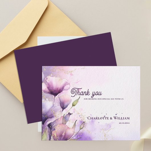 Romantic Lavender Floral Gold Wedding Thank You Postkarte