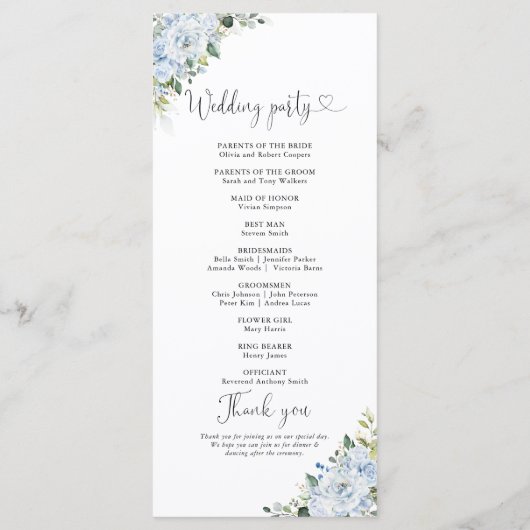 Romantic Light Blue Floral Wedding Program Programm (Rückseite)