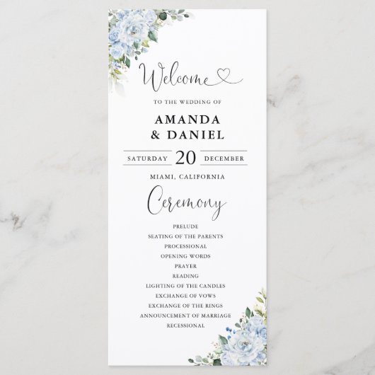 Romantic Light Blue Floral Wedding Program Programm (Vorderseite)
