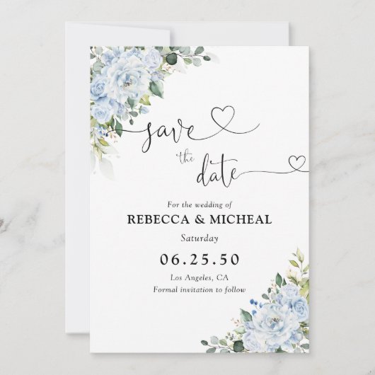 Romantic Light Blue Floral Wedding Save The Date (Vorderseite)