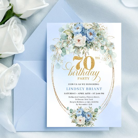 Romantic Light Blue Flowers 70th Birthday Invites Einladung