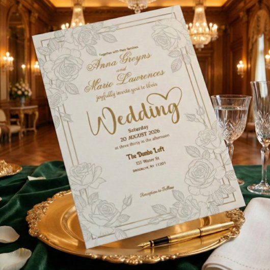 Romantic Line Art Rose Faux Gold Foil Wedding  Einladung