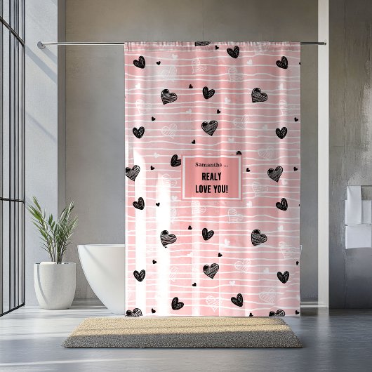 Romantic Love Gift Shower Curtain Pink Black Heart Duschvorhang