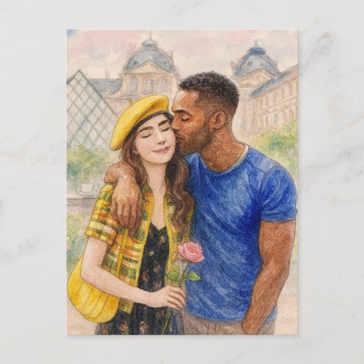 Romantic Love Paris Man Woman Watercolor Postcard Postkarte (Vorderseite)