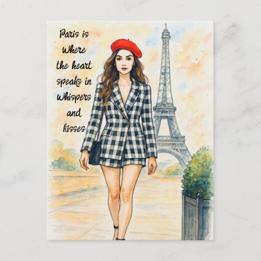 Romantic Love Paris Man Woman Watercolor Postcard Postkarte (Vorderseite)