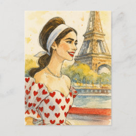 Romantic Love Paris Man Woman Watercolor Postcard Postkarte