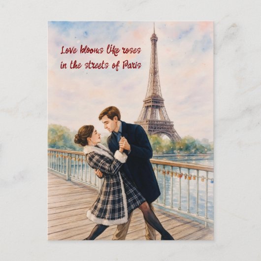 Romantic Love Paris Man Woman Watercolor Postcard Postkarte (Vorderseite)