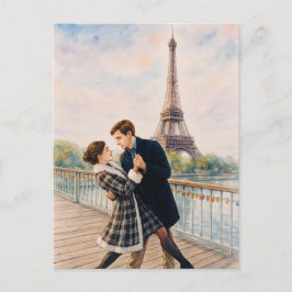 Romantic Love Paris Man Woman Watercolor Postcard Postkarte