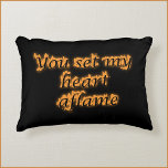 Romantic Love Quote Dekokissen<br><div class="desc">Bold love quote accent pillow proclaiming your love with,  YOU SET MY HEART AFLAME in script,  faux fire lettering on a black background. Makes a home decor impact. Nice gift for the one you love.</div>