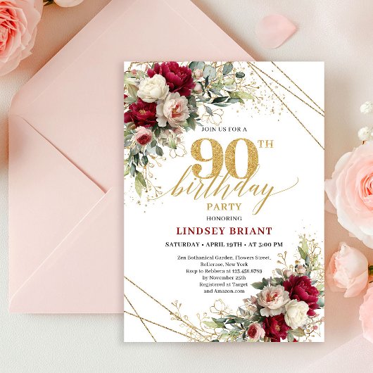 Romantic Maroon Rose Gold 90th Birthday Invitation Einladung