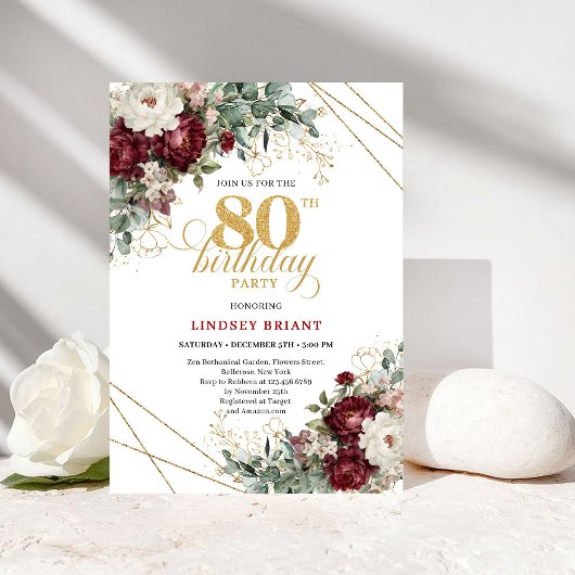 Romantic Marsala Eucalyptus 80th Birthday Einladung
