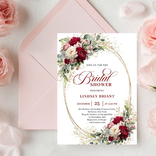 Romantic Merlot Roses Gold Bridal Shower Invites Einladung