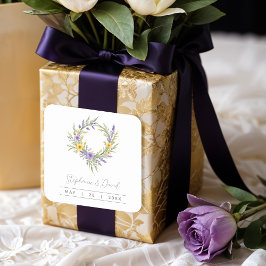 Romantic Minimal Wedding Yellow & Lavender Wreath Quadratischer Aufkleber