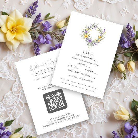 Romantic Minimal Wedding Yellow & Lavender Wreath RSVP Karte