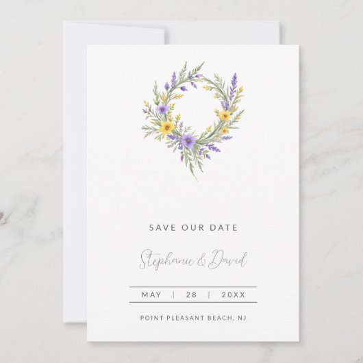 Romantic Minimal Wedding Yellow & Lavender Wreath Save The Date (Vorderseite)
