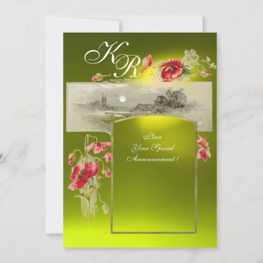ROMANTİC MONOGRAM / POPPIEN, rot, grün, gelb Topaz Einladung (Rückseite)