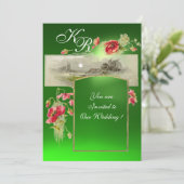 ROMANTİC MONOGRAM / POPPIEN, rot, grün, smaragdgrü Einladung (Stehend Vorderseite)