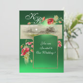 ROMANTİC MONOGRAM / POPPIEN, rot, grüne Jade Einladung (Stehend Vorderseite)