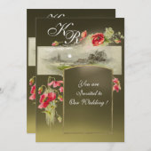 ROMANTİC MONOGRAM /POPPIES, rot, grün, grau Einladung (Vorne/Hinten)
