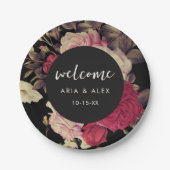 Romantic Moody Floral Wedding Name Date Black Pappteller (Vorderseite)