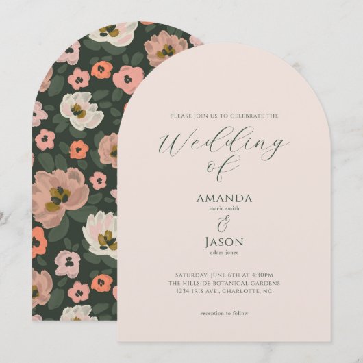 Romantic moody painted floral garden party wedding einladung (Vorne/Hinten)