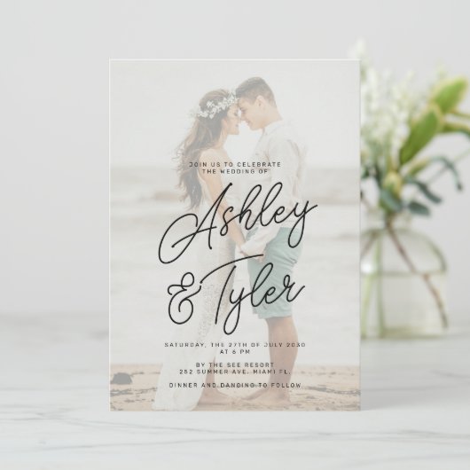Romantic names script overlay photo wedding einladung (Stehend Vorderseite)