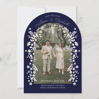 Romantic Navy Blue Floral Arch Save the Date Einladung