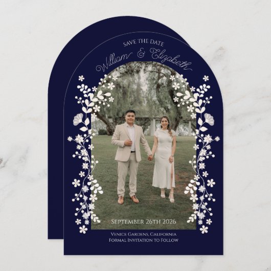 Romantic Navy Blue Floral Arch Save the Date Einladung (Vorne/Hinten)