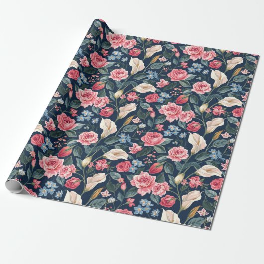 Romantic Navy Blue Floral Garden Pattern Geschenkpapier (Ungerollt)