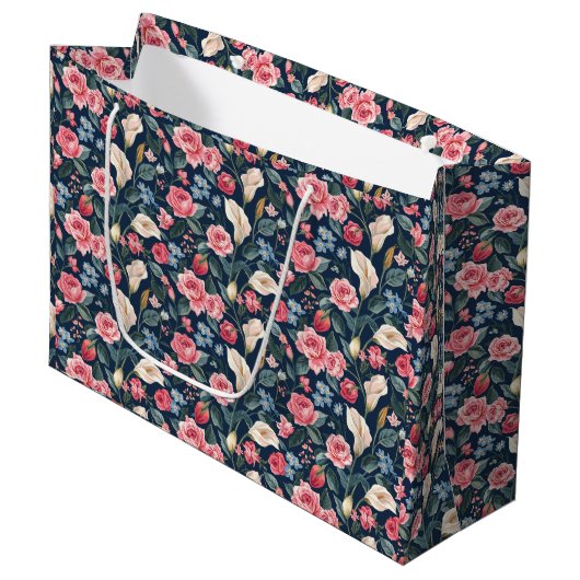 Romantic Navy Blue Floral Garden Pattern Große Geschenktüte (Vorderseite Schrägansicht)