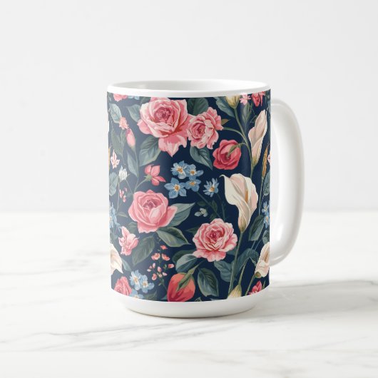 Romantic Navy Blue Floral Garden Pattern Kaffeetasse (VorderseiteRechts)