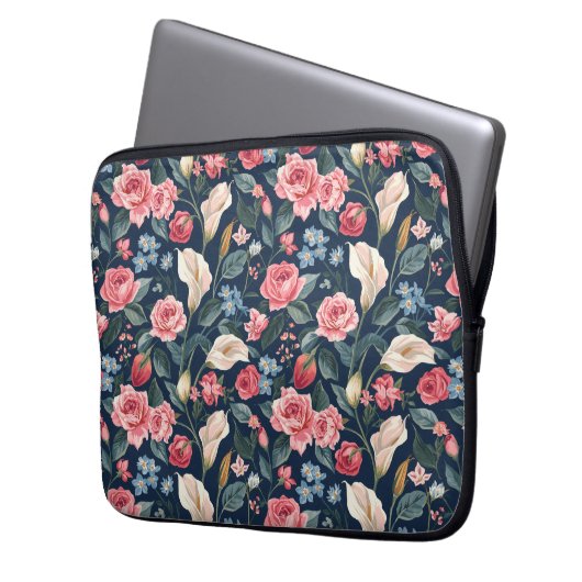 Romantic Navy Blue Floral Garden Pattern Laptopschutzhülle (Vorderseite Links)