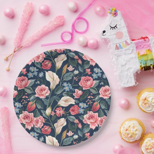 Romantic Navy Blue Floral Garden Pattern Pappteller (Party)