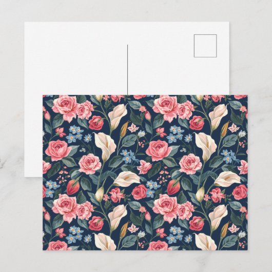 Romantic Navy Blue Floral Garden Pattern Postkarte (Vorne/Hinten)