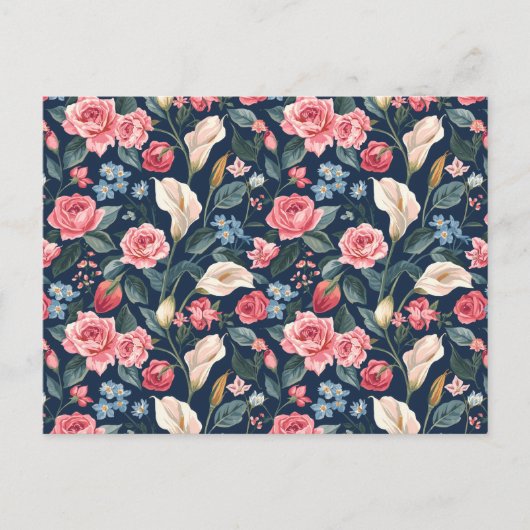 Romantic Navy Blue Floral Garden Pattern Postkarte (Vorderseite)