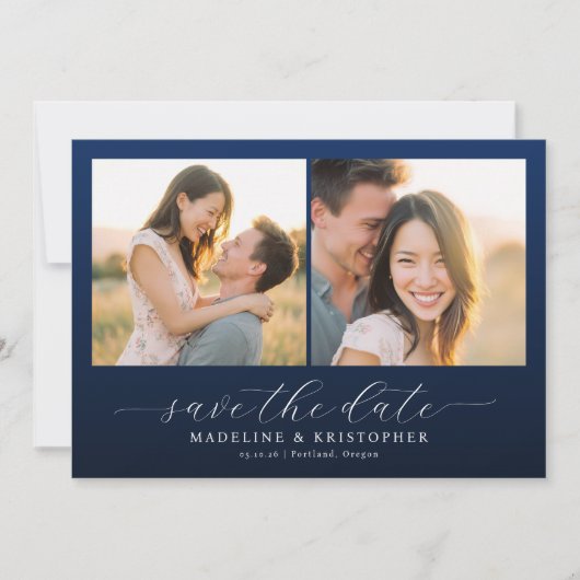 Romantic Navy Photo Collage Save The Date (Vorderseite)