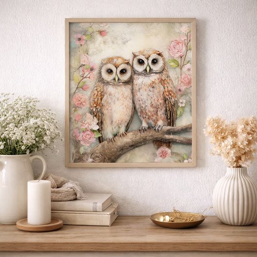 Romantic Owl Pair Floral Nature Cottage  Poster