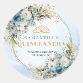 Romantic Pale Blue Gold Eucalyptus 15th Birthday Runder Aufkleber (Vorderseite)