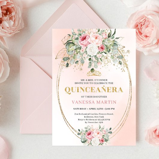 Romantic Pale Pink Eucalyptus Quinceañera Invite Einladung