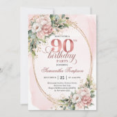 Romantic Pale Pink Gold Greenery 90th Birthday Einladung (Vorderseite)