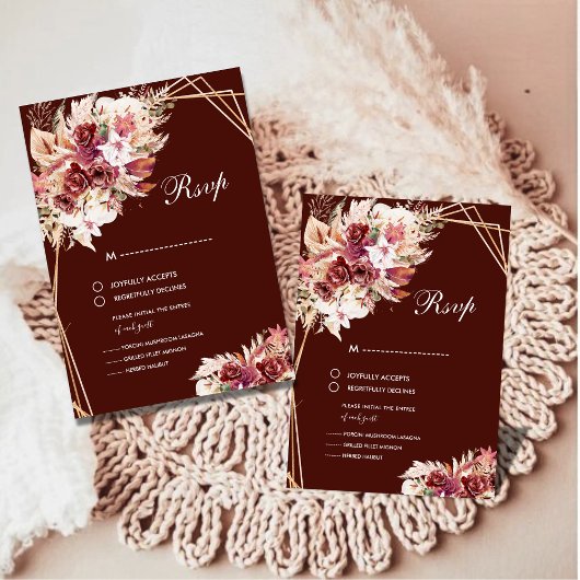 Romantic Pampas Wine Red Floral Wedding RSVP Karte