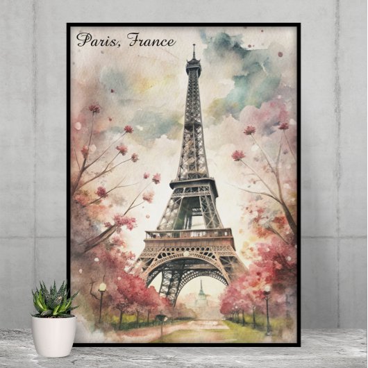 Romantic Paris Eiffel Tower Watercolor Floral Poster