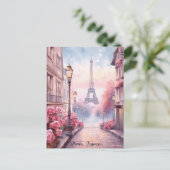 Romantic Paris France – Eiffel Tower Floral Postkarte (Stehend Vorderseite)